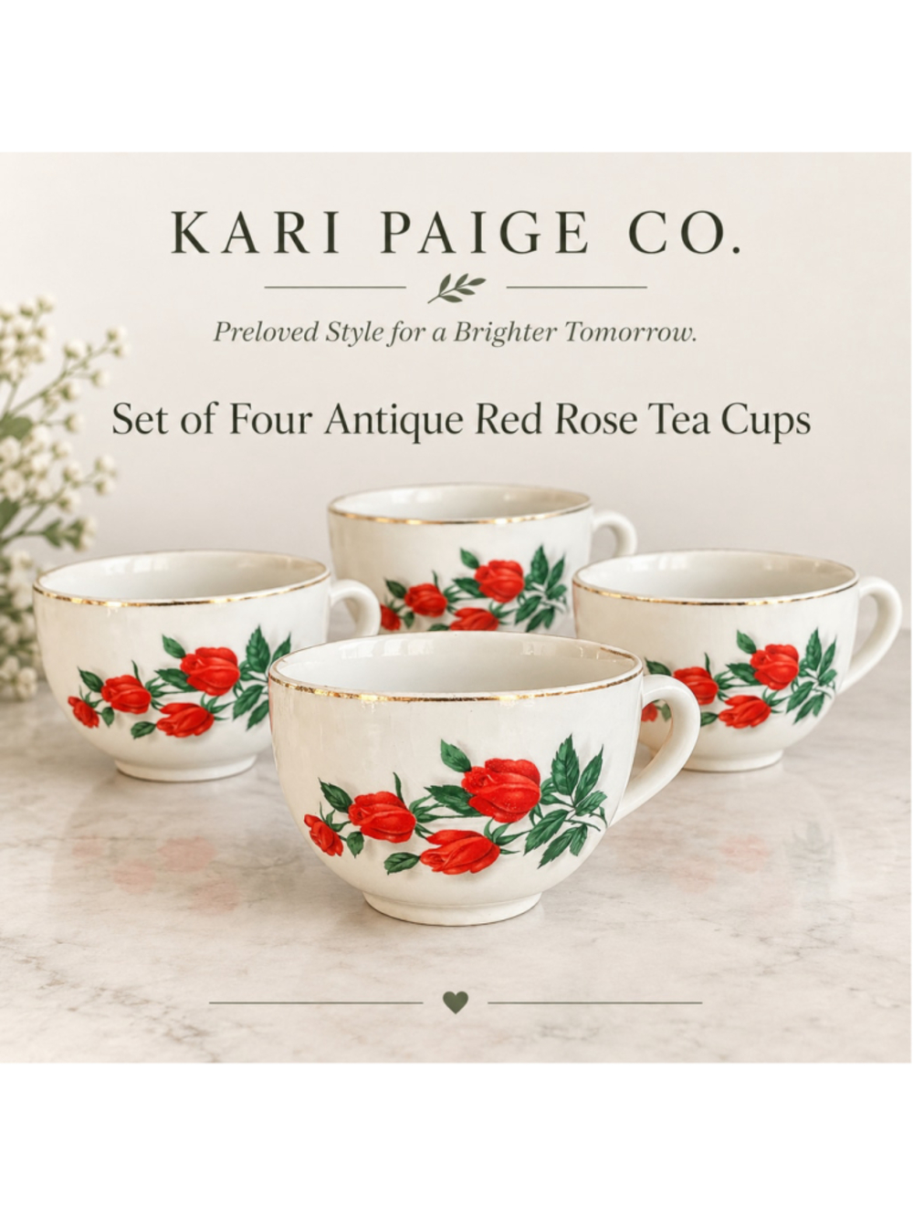 Vintage USA Red Rose Tea Cups Set of 4 Gold Trim Floral Cottage China